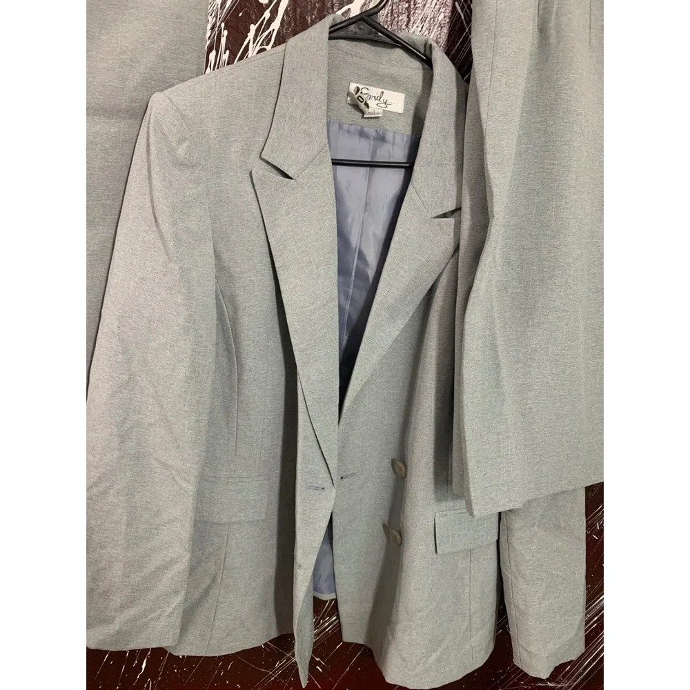Emily Womens 3 Piece Suit Set Blazer Pants Skirt Blue Gray Size 16 Professional